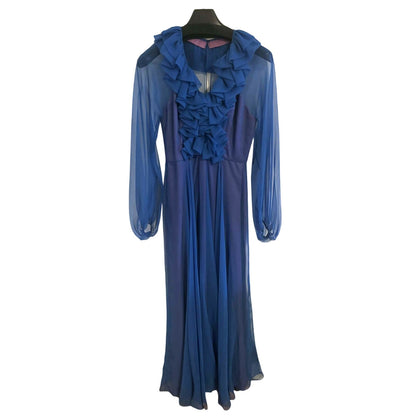 Vintage Hovland Swanson Blue Chiffon Ruffle Maxi Dress ~ Size S