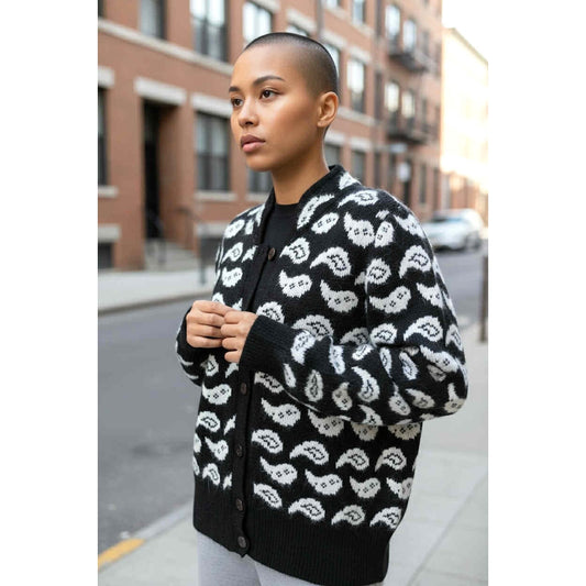 ONLY ONE!!! Vintage 1980s THE NOTEBOOK Black White Paisley Wool Angora Cardigan M/L