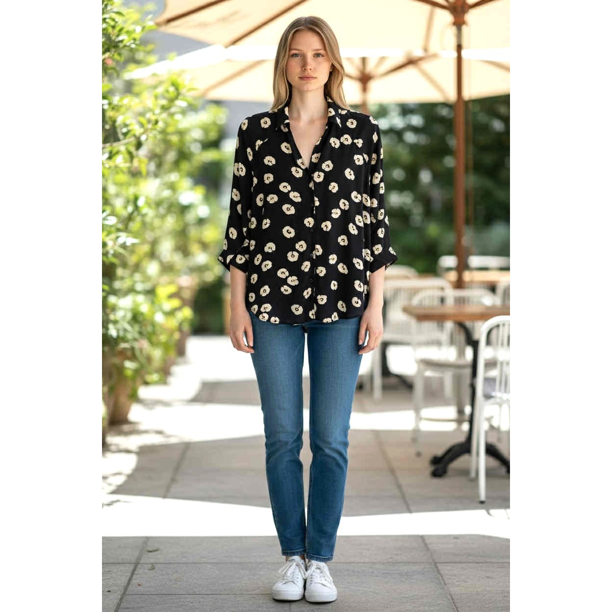 cabi Go To Sheer Floral Button-Up Blouse | Navy & White | Curated Classic