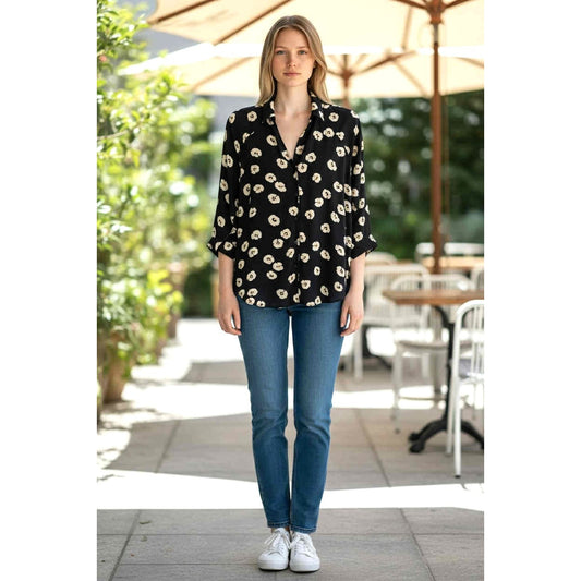 cabi Go To Sheer Floral Button-Up Blouse | Navy & White | Curated Classic