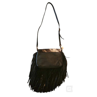 ONLY ONE!!! Origene Designer $495 Leather Fringe Crossbody Black/Cream Luxury Handbag