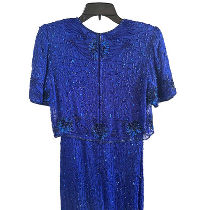 ONLY ONE!!! Vintage Laurence Kazar Full Length Cobalt Blue Beaded Silk Dress ~ Size S