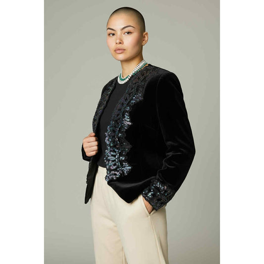 ONLY ONE!!! Vintage Karen Lucas for Niki Black Velvet Sequin Trim Jacket – Iridescent Detail, Size 6