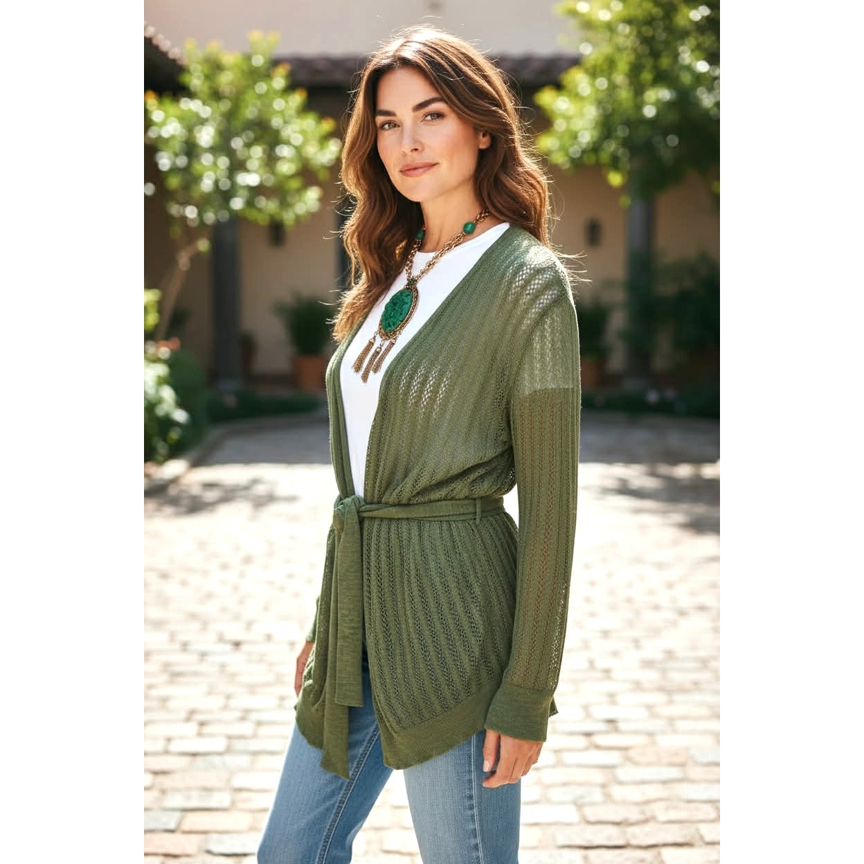 ONLY ONE!!! Tracy Reese New York Green Open Knit Tie Belt Cardigan Sweater ~ Size L