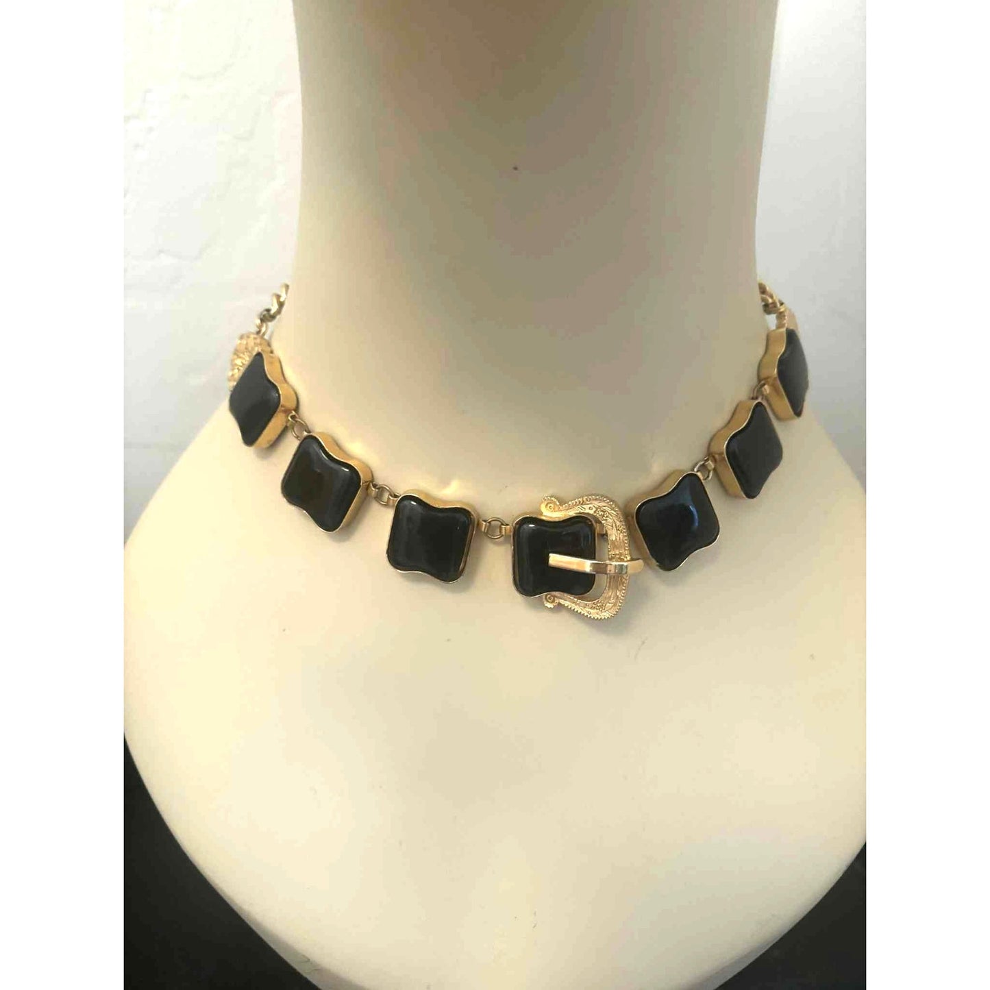 Vintage 1980s Black & Gold Statement Necklace & Earring Set