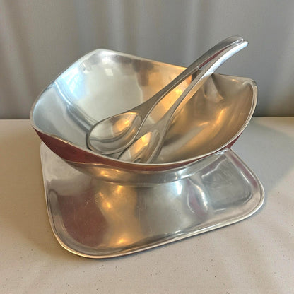 ONLY ONE!!! Vintage Nambe USA Aluminum Alloy 3-Pc Salad Set Bowl Tray Servers