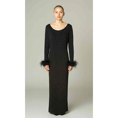 ONLY ONE!!! Vintage Evenings By Allen B Long Black Stretch Sparkle Gown ~ Feather Sleeve Cuffs 4