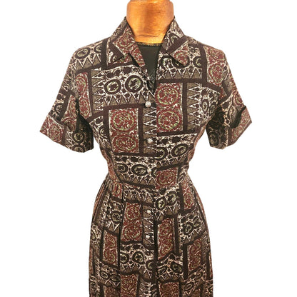 ONLY ONE!!! Vintage Carol Brent 1960s Cotton Tribal Print Day Dress ~ Size S