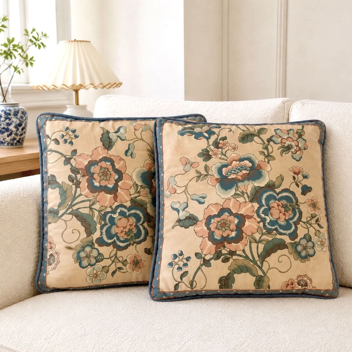 Vintage Floral Cotton Pillow Pair with Blue Suede Piping