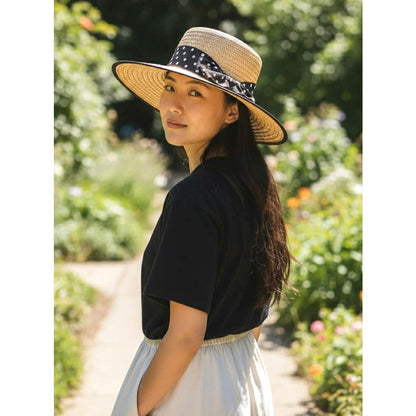 Vintage Eric Javits Straw Boater Hat | Bonwit Teller | Polka Dot Ribbon