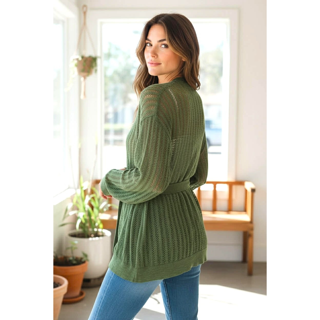 ONLY ONE!!! Tracy Reese New York Green Open Knit Tie Belt Cardigan Sweater ~ Size L
