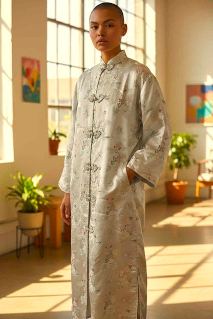 Vtg Gold Asian Satin Brocade Long Cheongsam Robe Jacket Embroidered Floral Sz XL