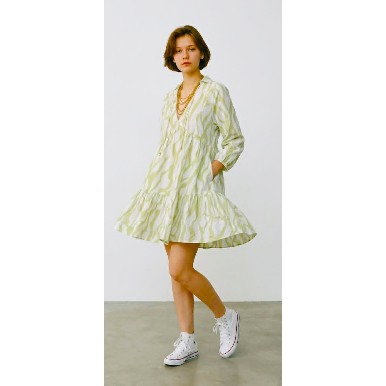 Zara Green White Abstract Print Tiered DressSize M