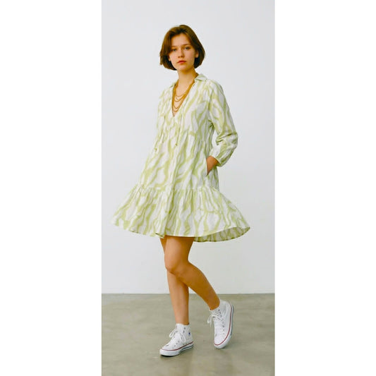Zara Green White Abstract Print Tiered DressSize M