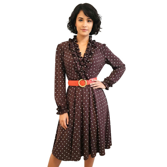 ONLY ONE!!! Vintage 1970s Lady Carol of New York Polka Dot Ruffle Trim Dress ~ Size 12