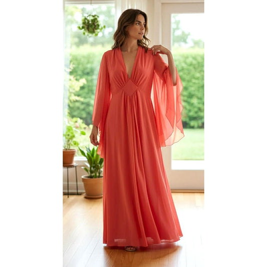 Vintage 70s Coral Goddess Maxi Dress with Chiffon Sleeves