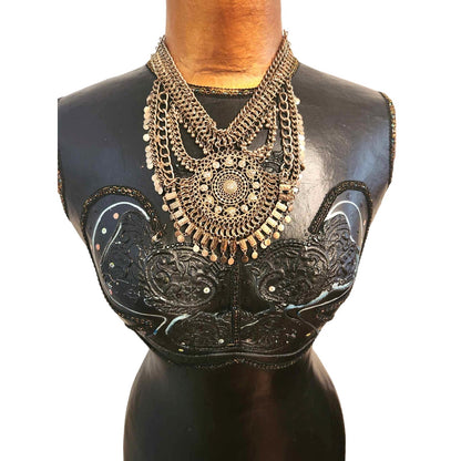 ONLY ONE!!! Vintage Gold Egyptian Revival Necklace Large Disc Circular Tassels Adjustable