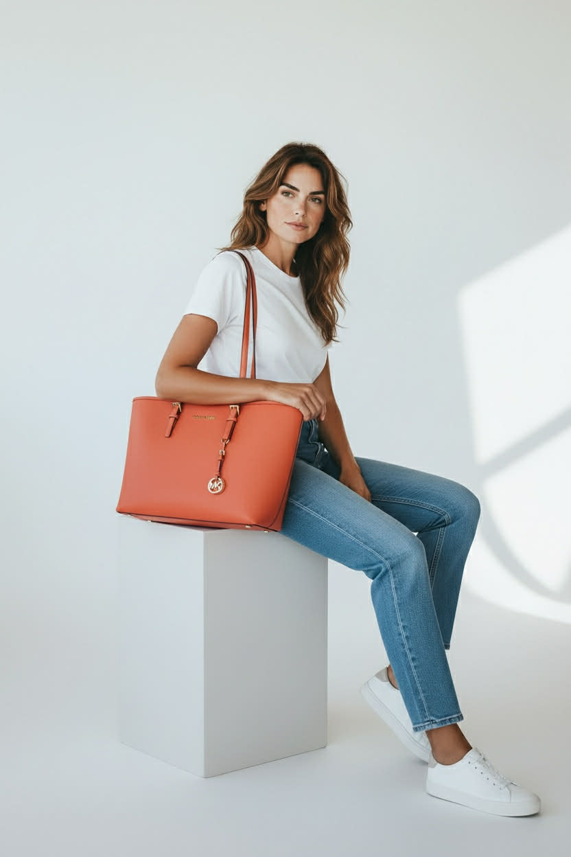 ONLY ONE!!! New Michael Kors Persimmon Orange Jet Set Travel Saffiano Leather Top Zip Tote