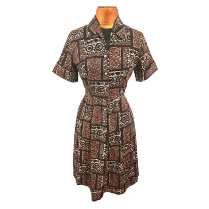 ONLY ONE!!! Vintage Carol Brent 1960s Cotton Tribal Print Day Dress ~ Size S