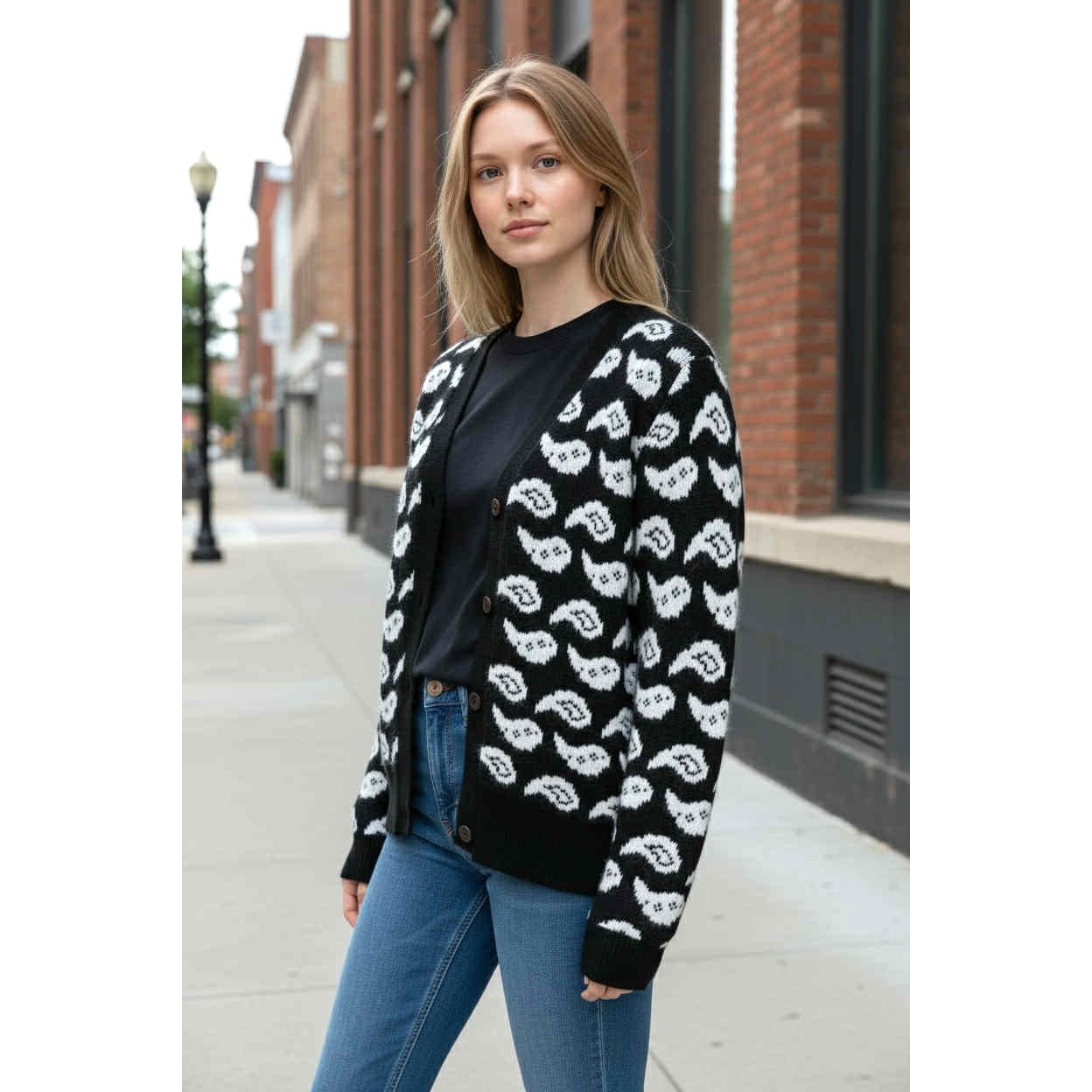 ONLY ONE!!! Vintage 1980s THE NOTEBOOK Black White Paisley Wool Angora Cardigan M/L
