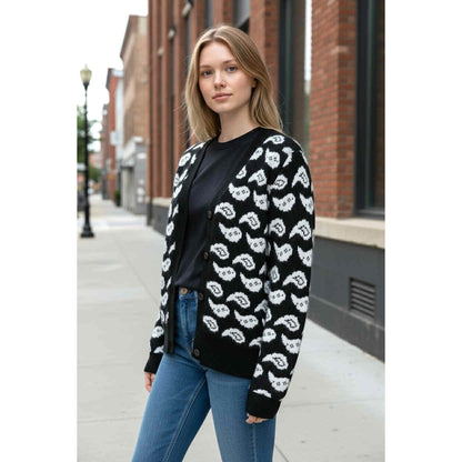 ONLY ONE!!! Vintage 1980s THE NOTEBOOK Black White Paisley Wool Angora Cardigan M/L