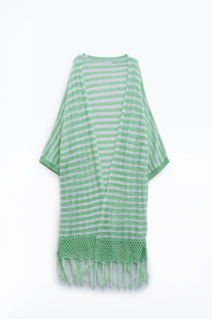 Q2 Green Boho Fringe Pointelle Knit Midi Cardigan