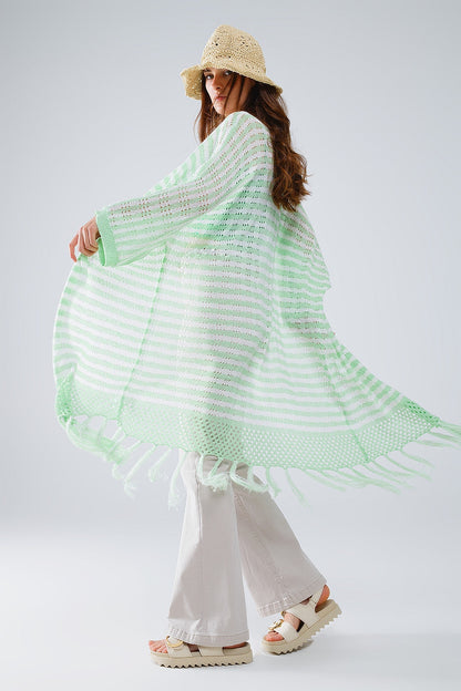 Q2 Green Boho Fringe Pointelle Knit Midi Cardigan
