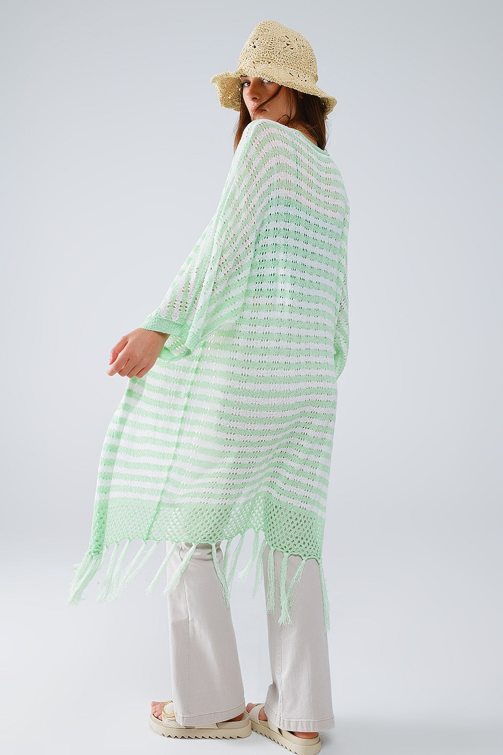 Q2 Green Boho Fringe Pointelle Knit Midi Cardigan