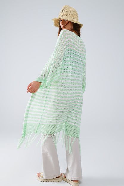Q2 Green Boho Fringe Pointelle Knit Midi Cardigan