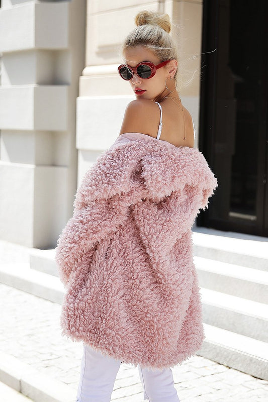 Plush Mid-Length Faux Fur Coat – Single-Breasted with Pockets