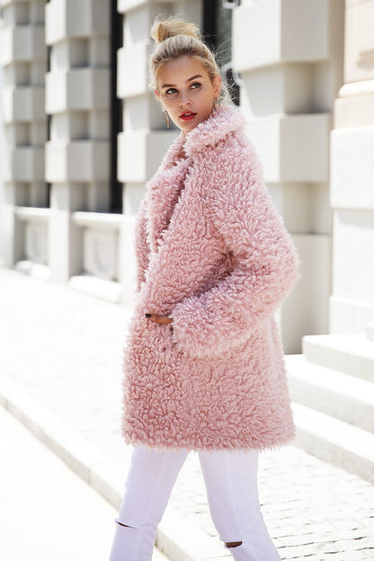 Plush Mid-Length Faux Fur Coat – Single-Breasted with Pockets