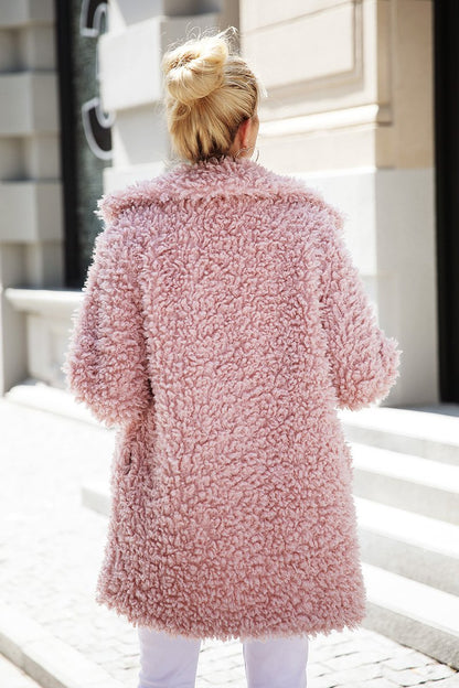 Plush Mid-Length Faux Fur Coat – Single-Breasted with Pockets