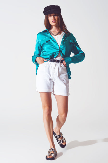 Q2 Turquoise Satin Blouse – Wide Collar, Relaxed Fit, Long Sleeve