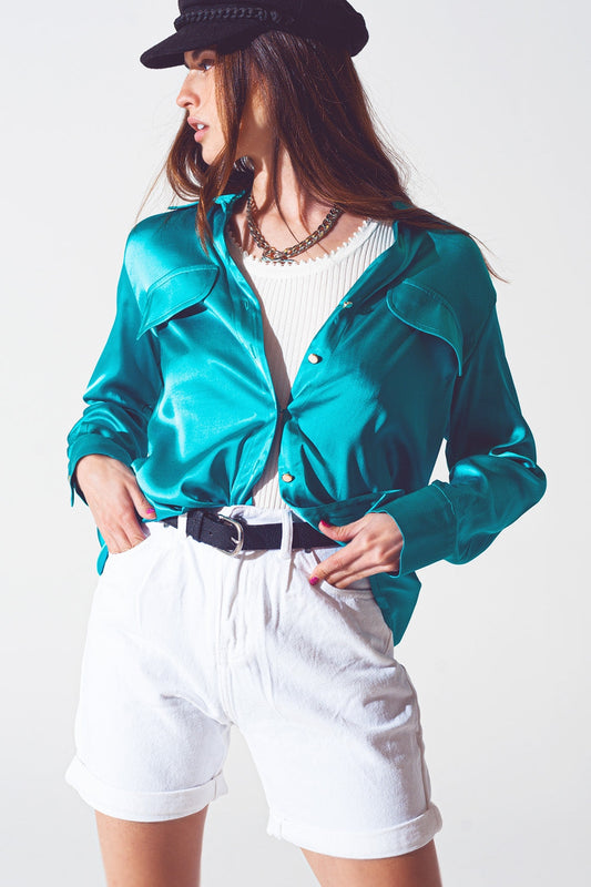 Q2 Turquoise Satin Blouse – Wide Collar, Relaxed Fit, Long Sleeve