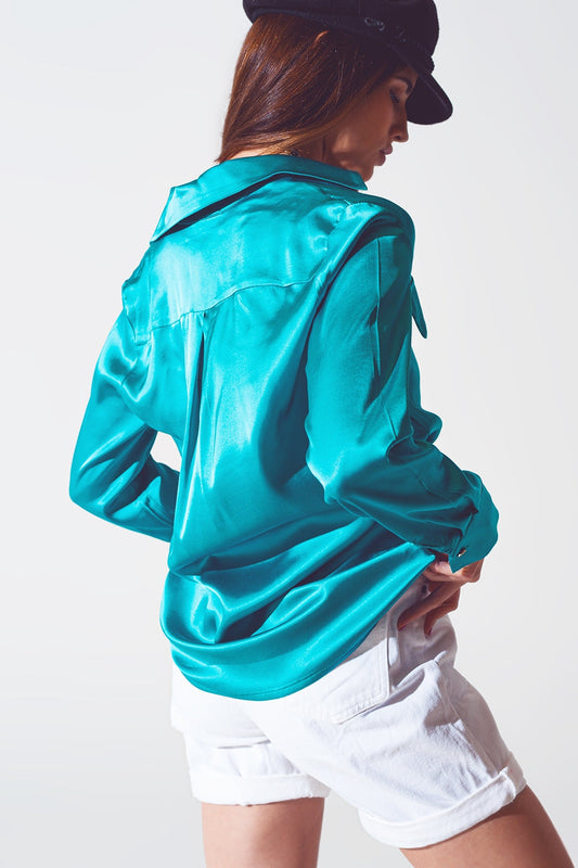 Q2 Turquoise Satin Blouse – Wide Collar, Relaxed Fit, Long Sleeve