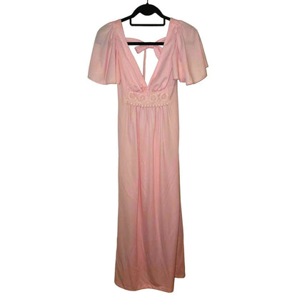 ONLY ONE!!! Vintage 1970s Pink Polyester Maxi Dress w/Bow Tie in Back Sz XS/S