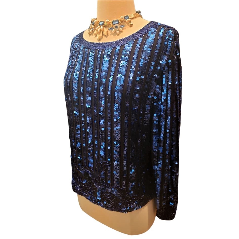 ONLY ONE!!! Vintage 1980s Blue Sequin Beaded Black Silk Top M/L