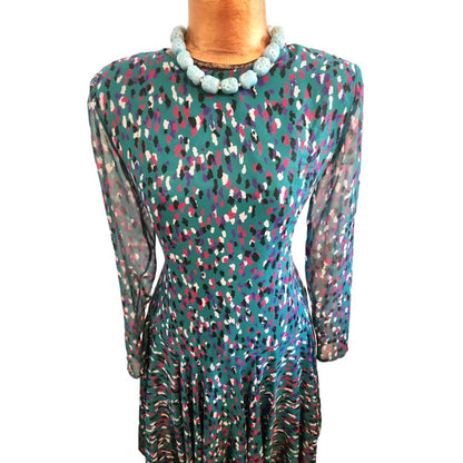 ONLY ONE!!! Vintage Doncaster Teal Chiffon Animal Print Drop Waist Dress Handkerchief Hem 8