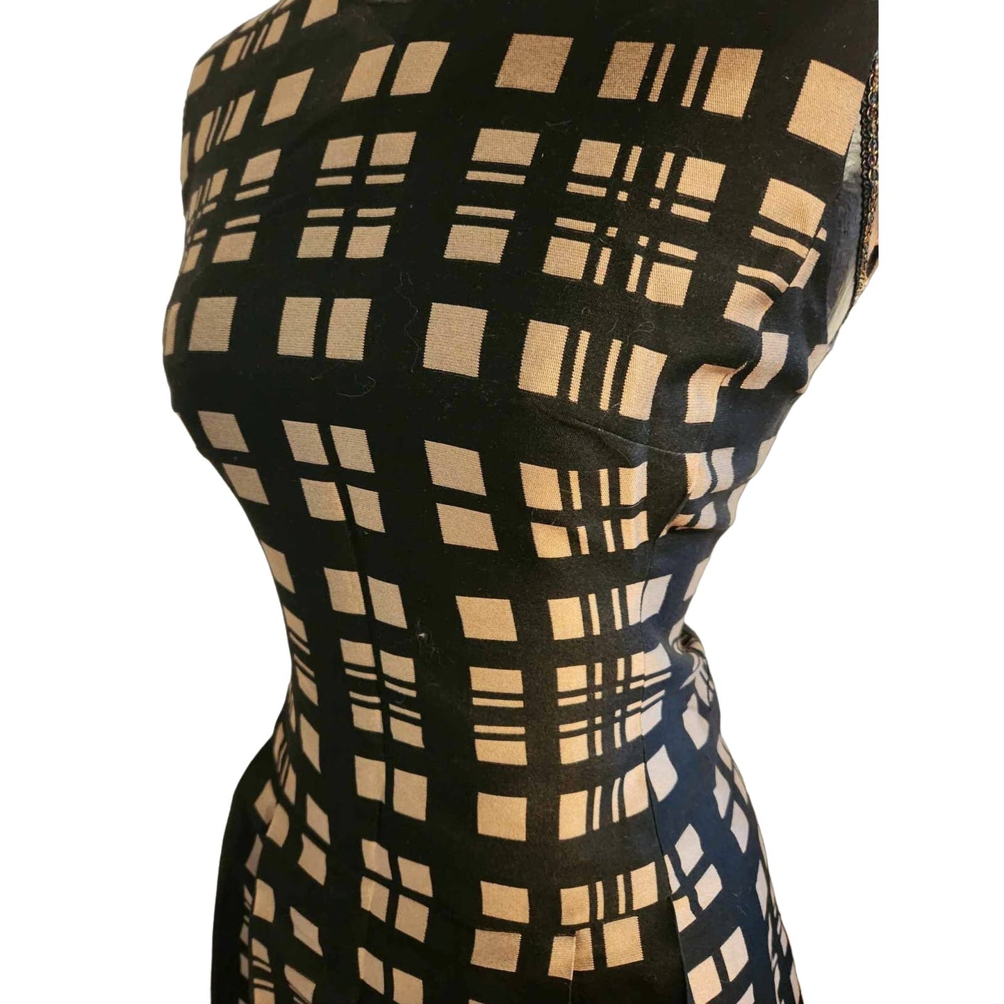 ONLY ONE!!! Vintage David Smith Black Gold Check Sleeveless Pleated Dress S