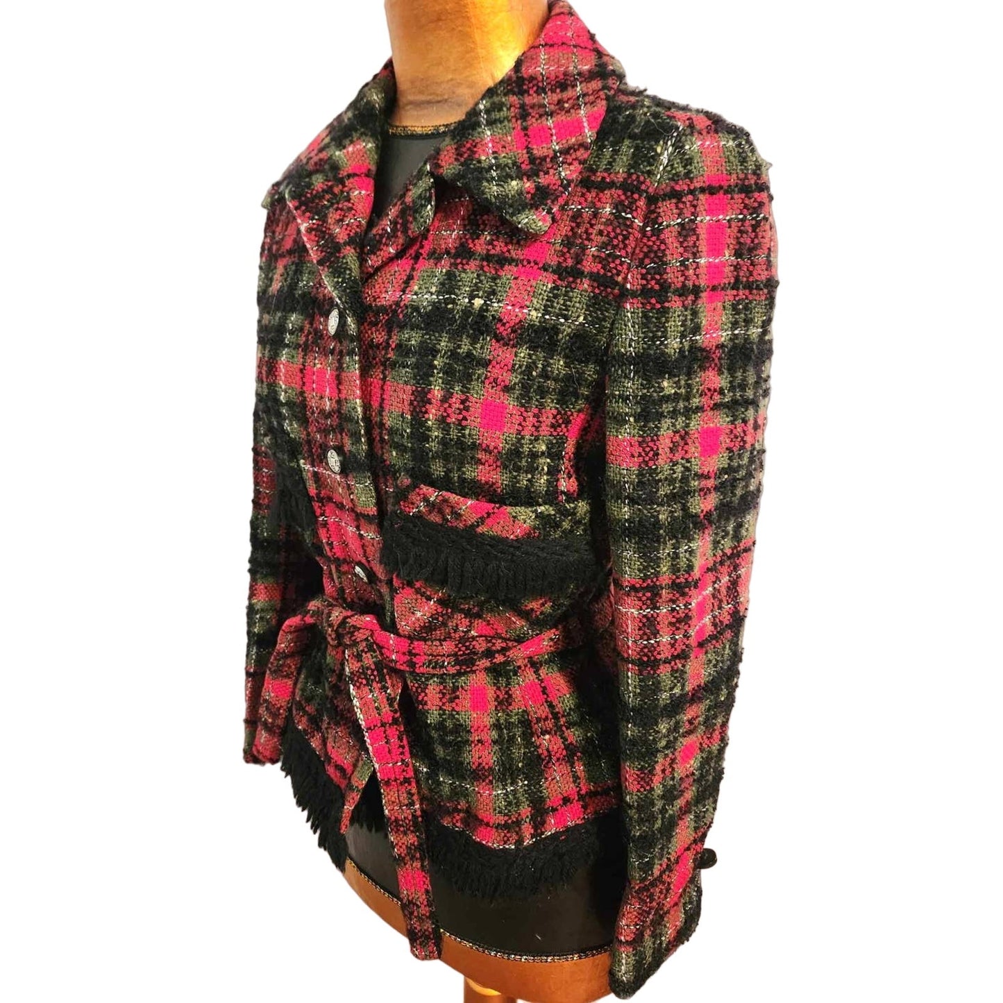 ONLY ONE!!! Vintage Z.C.M.I. Cameo Room 1960s Check Tweed Jacket w/Belt Fringe ~ Size S/M