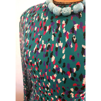 ONLY ONE!!! Vintage Doncaster Teal Chiffon Animal Print Drop Waist Dress Handkerchief Hem 8