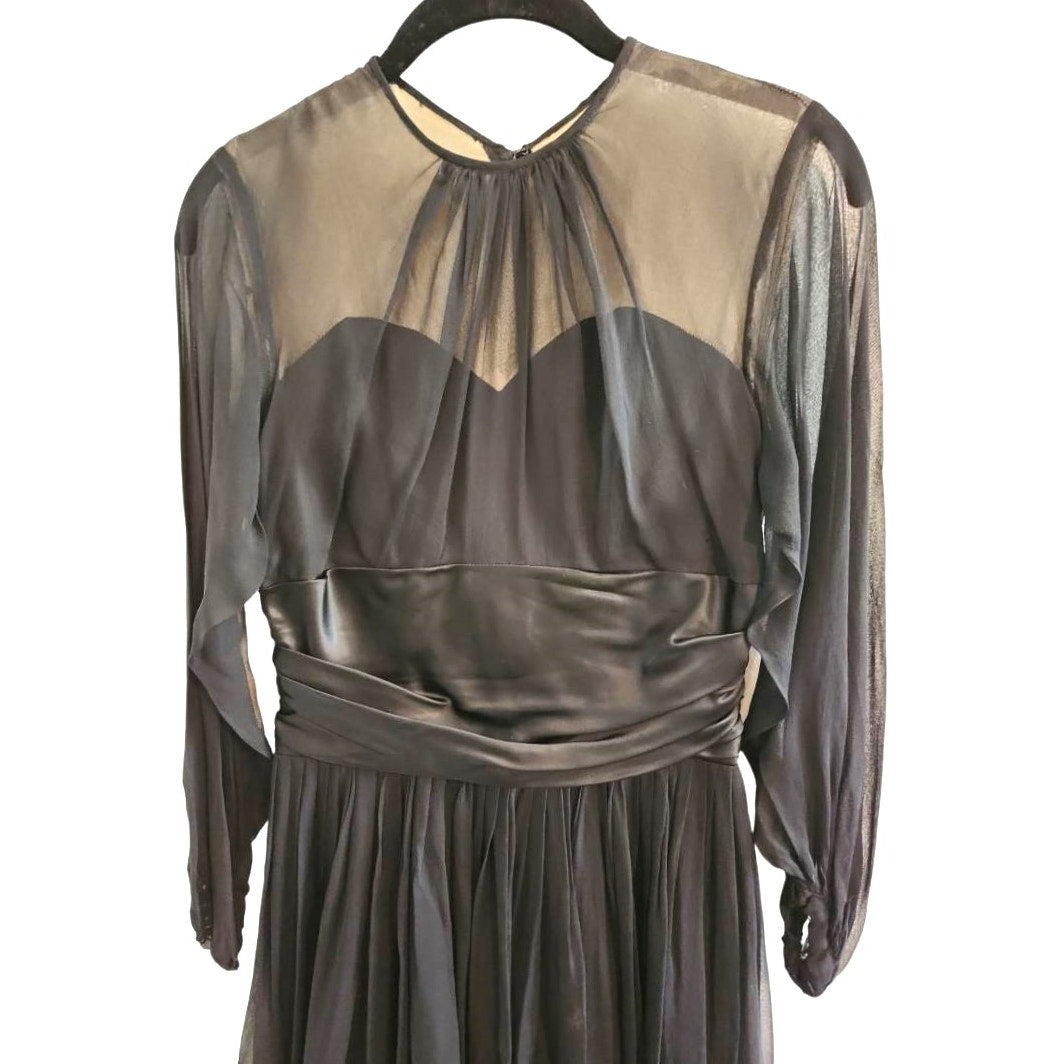 ONLY ONE!!! Vintage 1950s Black Chiffon Cocktail Dress – Sheer Illusion Bodice & Full Swing Skirt