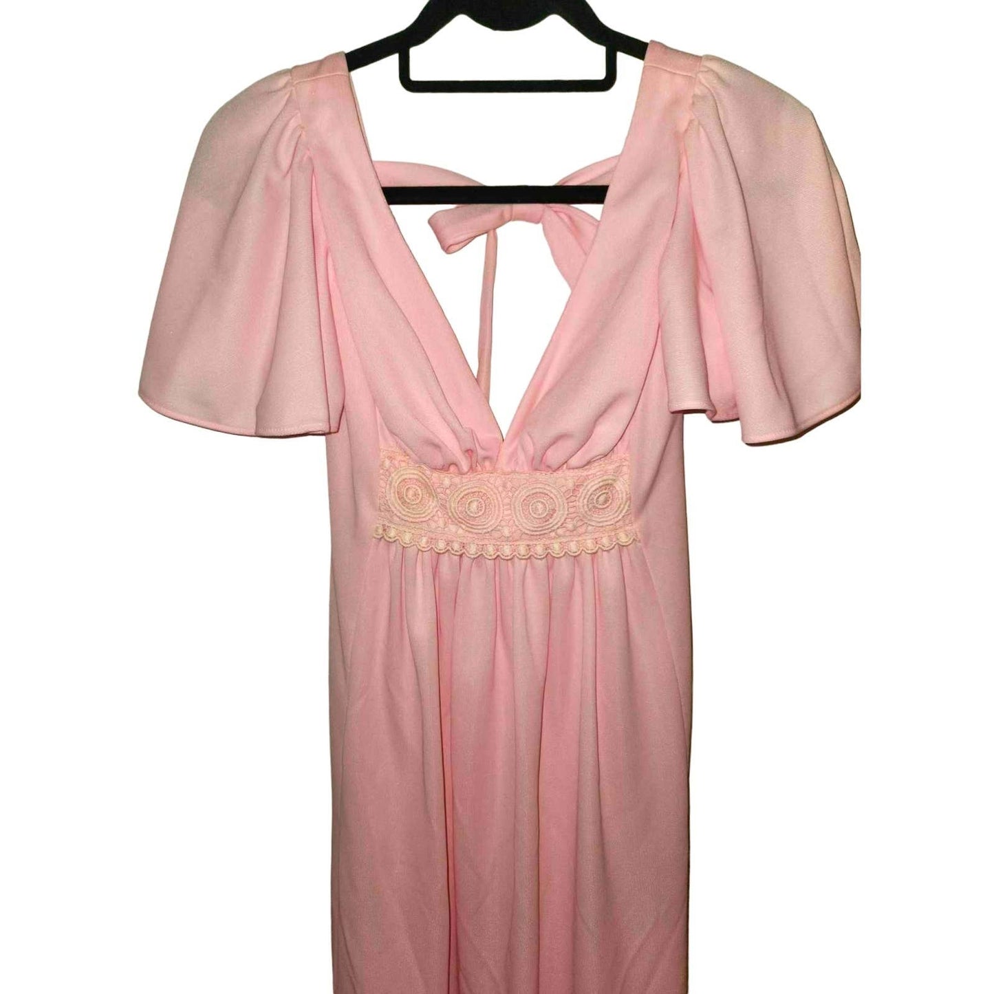 ONLY ONE!!! Vintage 1970s Pink Polyester Maxi Dress w/Bow Tie in Back Sz XS/S