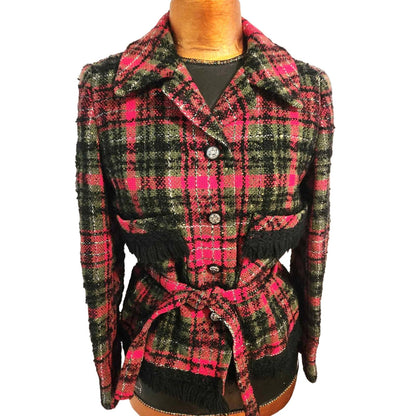 ONLY ONE!!! Vintage Z.C.M.I. Cameo Room 1960s Check Tweed Jacket w/Belt Fringe ~ Size S/M