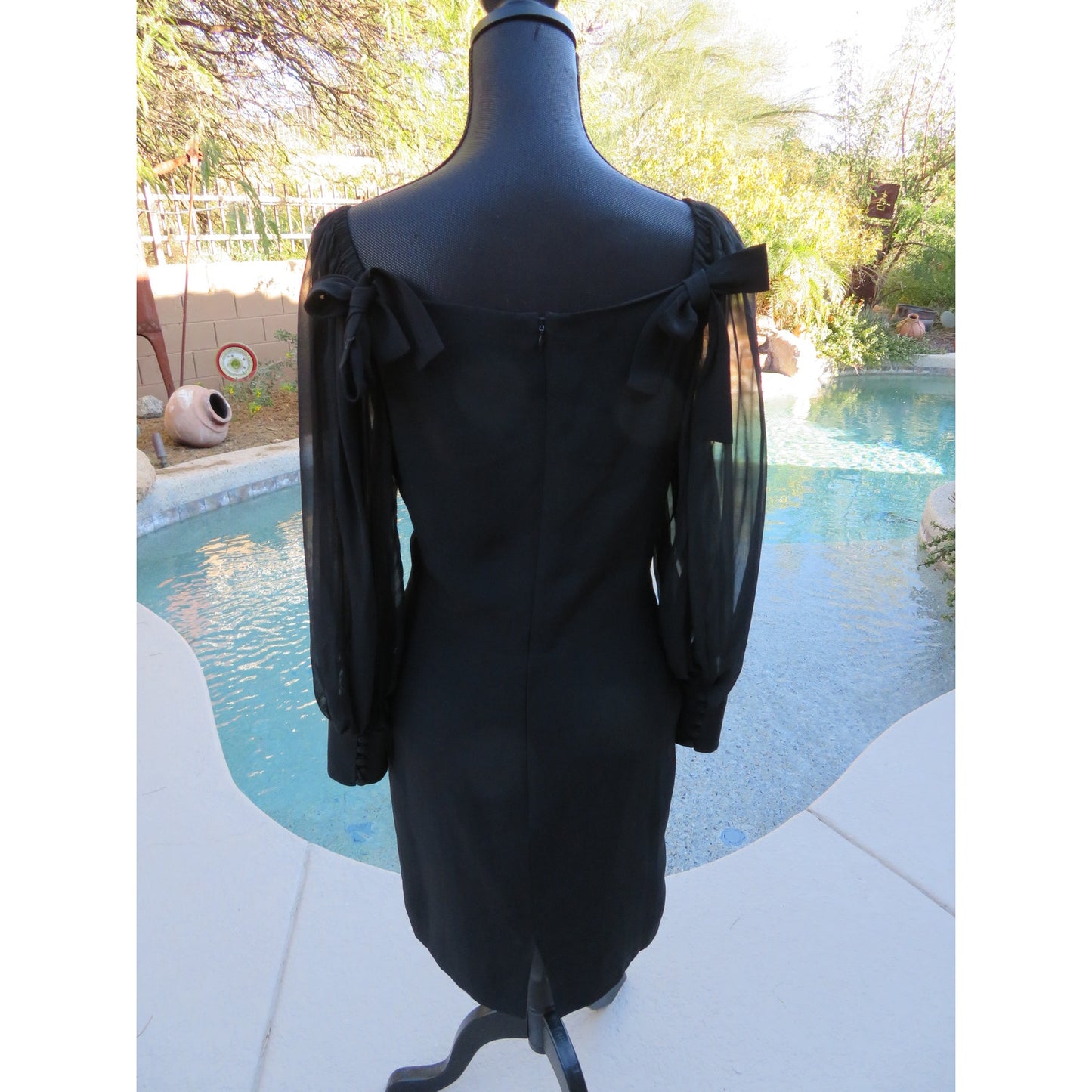 ONLY ONE!!! Vintage 1980s Capriccio Black Cocktail Dress with Sheer Sleeves ~ Size 10