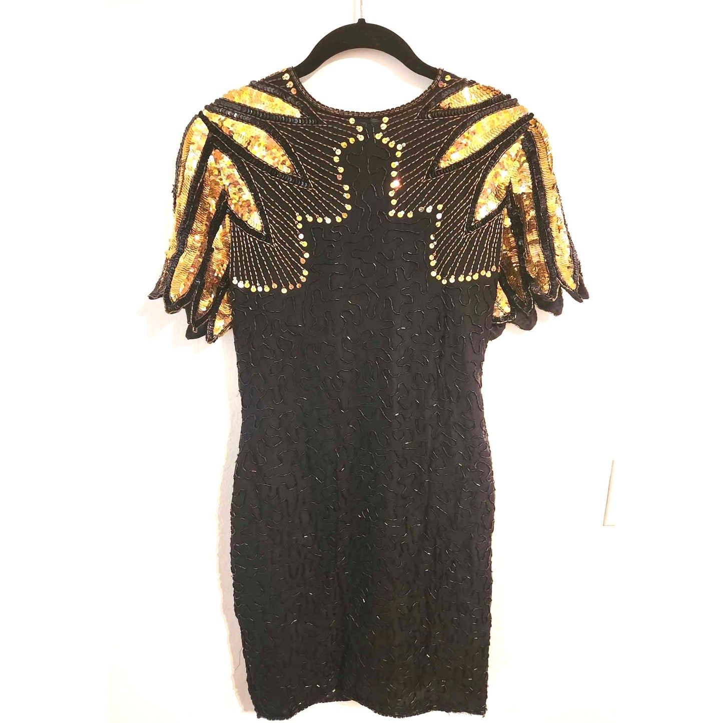 ONLY ONE!!! Vintage 1980s Stenay Black Gold Sequin Beaded Silk Dress ~ Petite 2