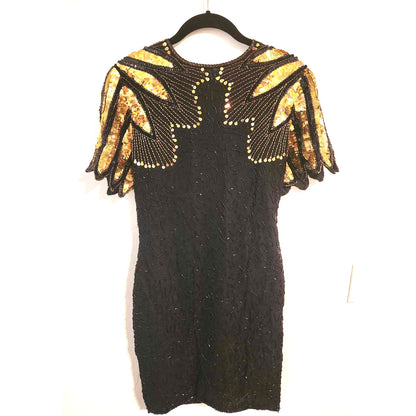 ONLY ONE!!! Vintage 1980s Stenay Black Gold Sequin Beaded Silk Dress ~ Petite 2