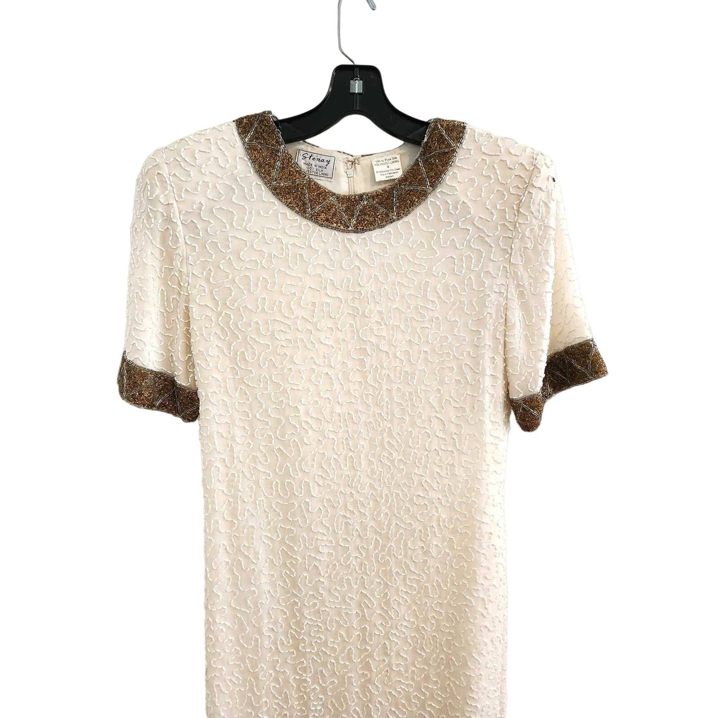 ONLY ONE!!! Vintage Stenay 100% Silk White Gold Beaded Dress ~ Size 4