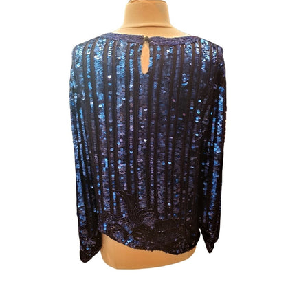 ONLY ONE!!! Vintage 1980s Blue Sequin Beaded Black Silk Top M/L