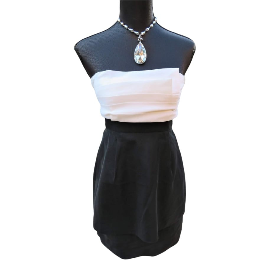 Elegant Silk Strapless Cocktail Dress in Black & Ivory